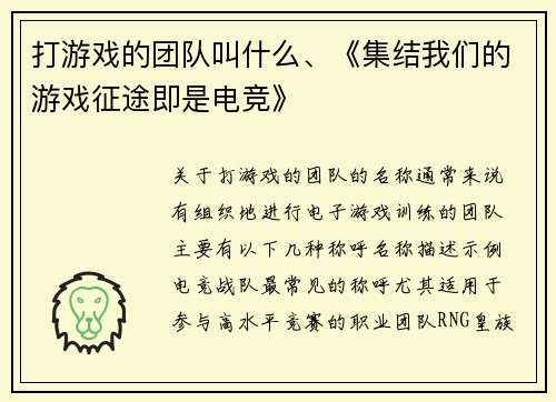 打游戏的团队叫什么、《集结我们的游戏征途即是电竞》